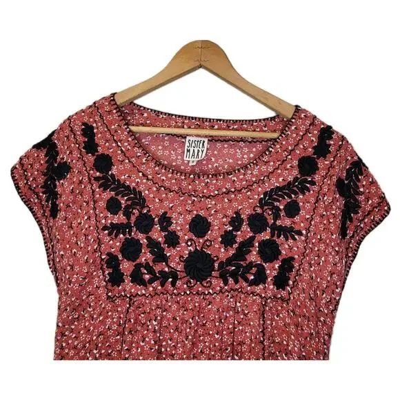 Sister Mary Embroidered Brown Floral Veronica Dress Small Boho Cottagecore - Picture 2 of 10